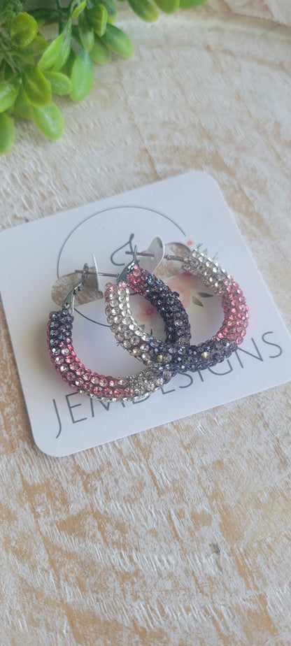 Pink and Black Rhinestone Hoop Earrings: Small