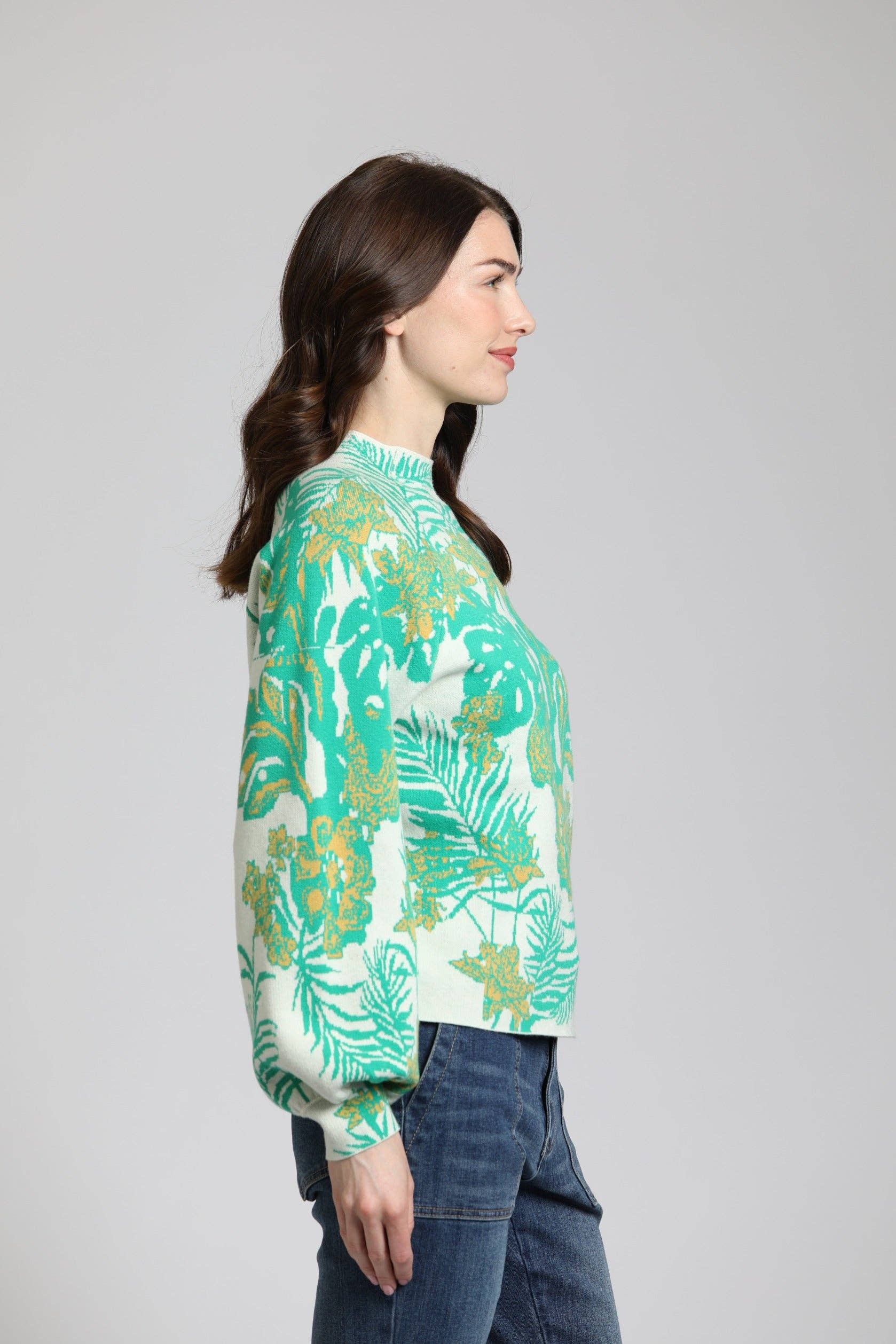 Ivory Foliage Sweater w/Puff Sleeve: MULTI / S