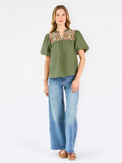 Makayla Embroidered Top | Olive: XS