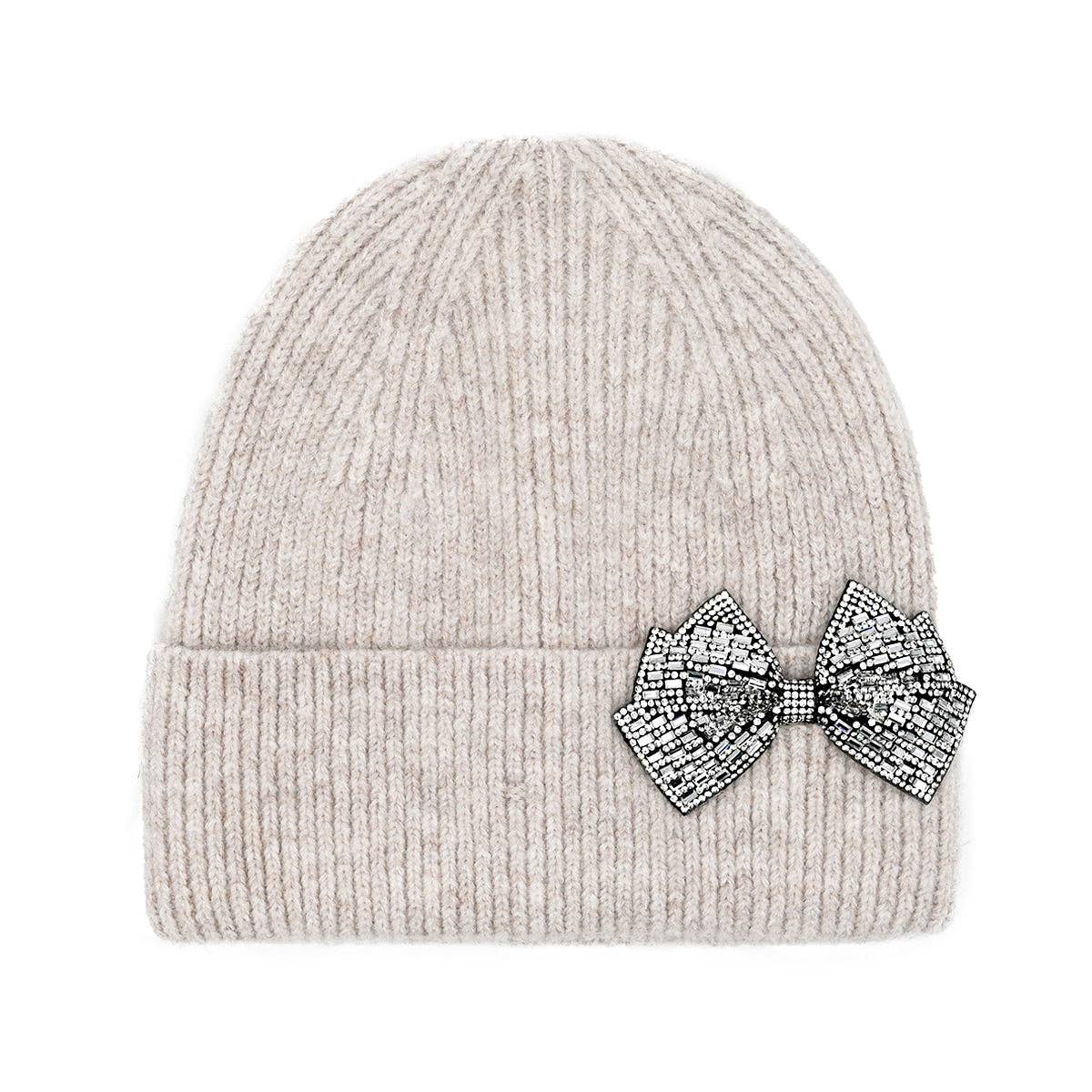 Rhinestone Bow Cuff C.C Beanie HTE0151: Grey