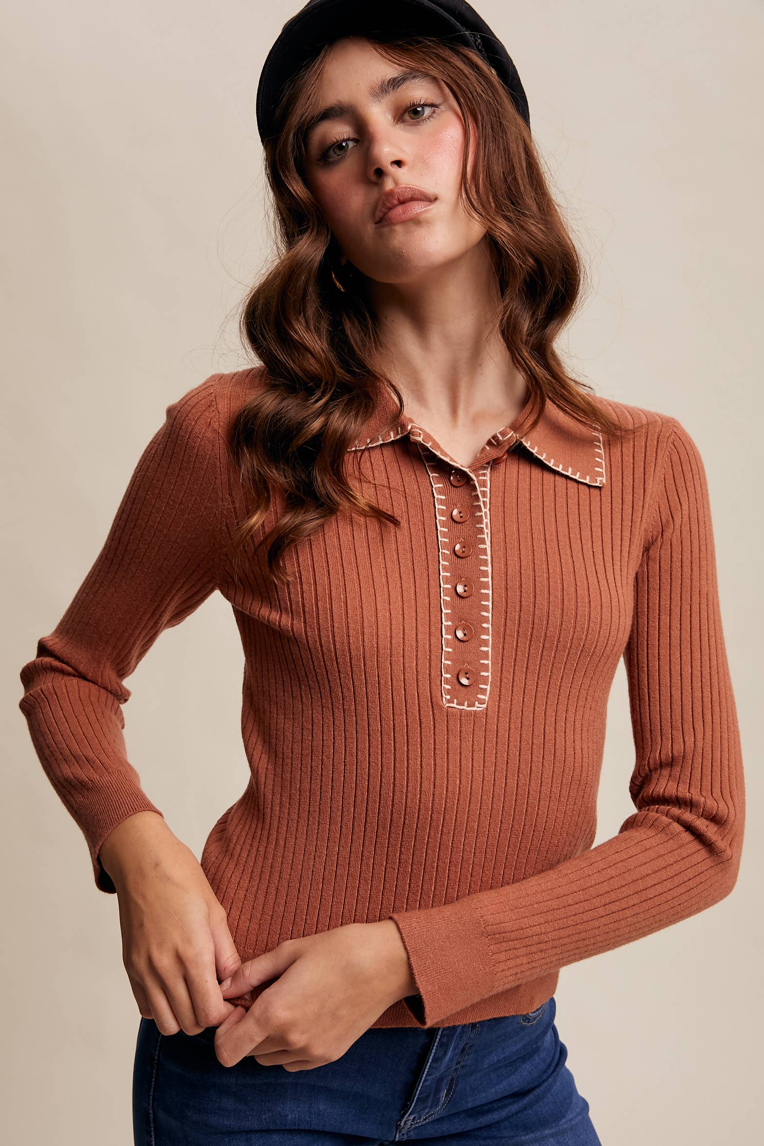 Contrast Stitch Ribbed Knit Top LSW0998: Black / M