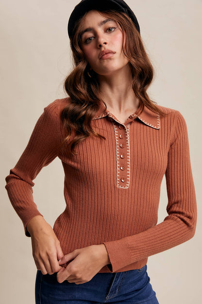 Contrast Stitch Ribbed Knit Top LSW0998: Black / M