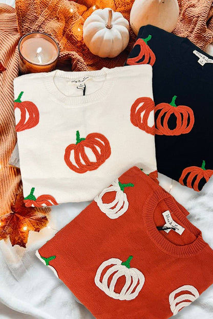 Pumpkin Embroidered Crew Neck Knitted Sweater Top VT82559: Pumpkin / L