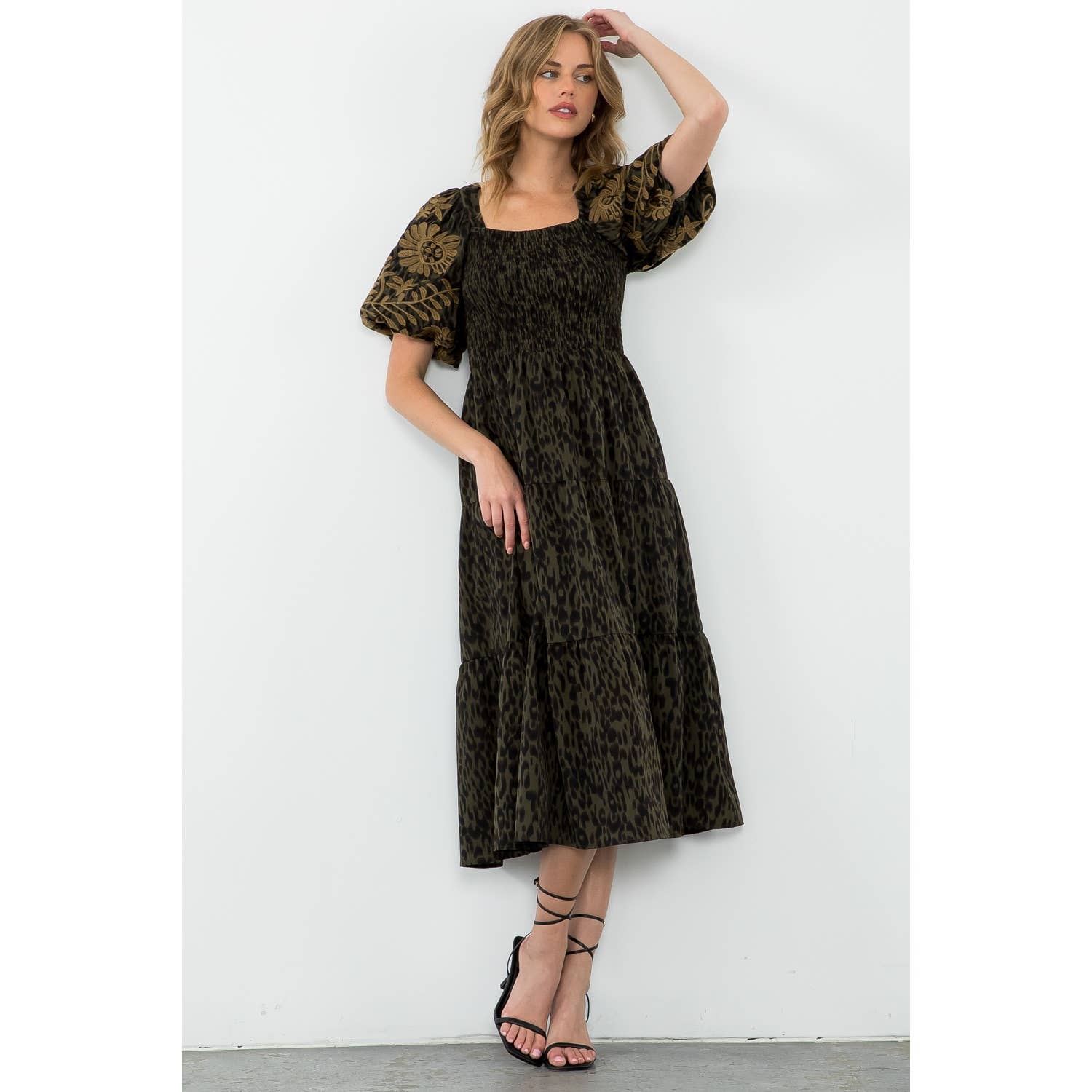 Olive Puff Sleeve Cheetah Print Midi Dress with Tiers: OLIVE