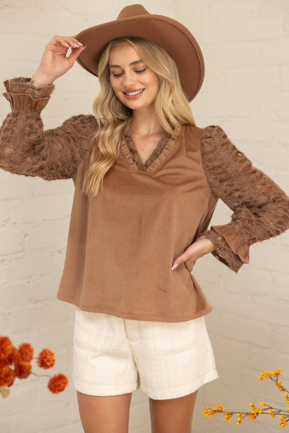 Voy Lace Long Sleeve Ruffle Detailed Corduroy Top: Brown