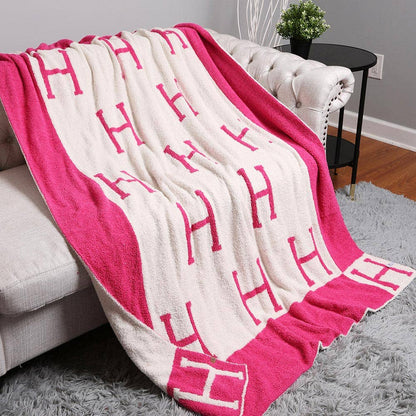 H Initial Monogram Patterned Reversible Throw Blanket: Black faux Hermes