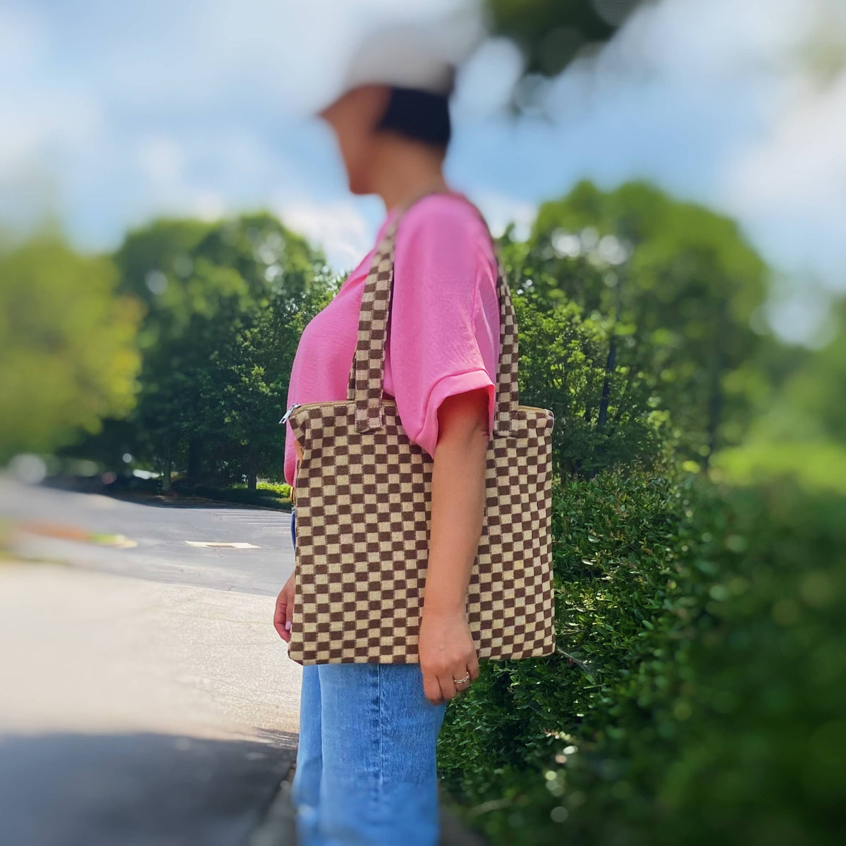 Check Yourself Zipped Tote Bag: Pink