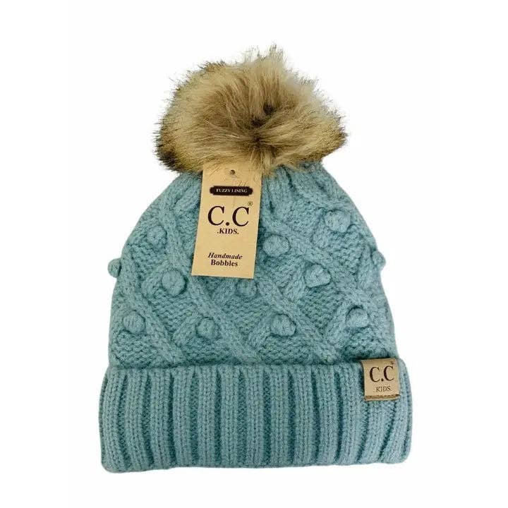 KIDS Bobble Knit Faux Fur Pom C.C Beanie: Winter Mint