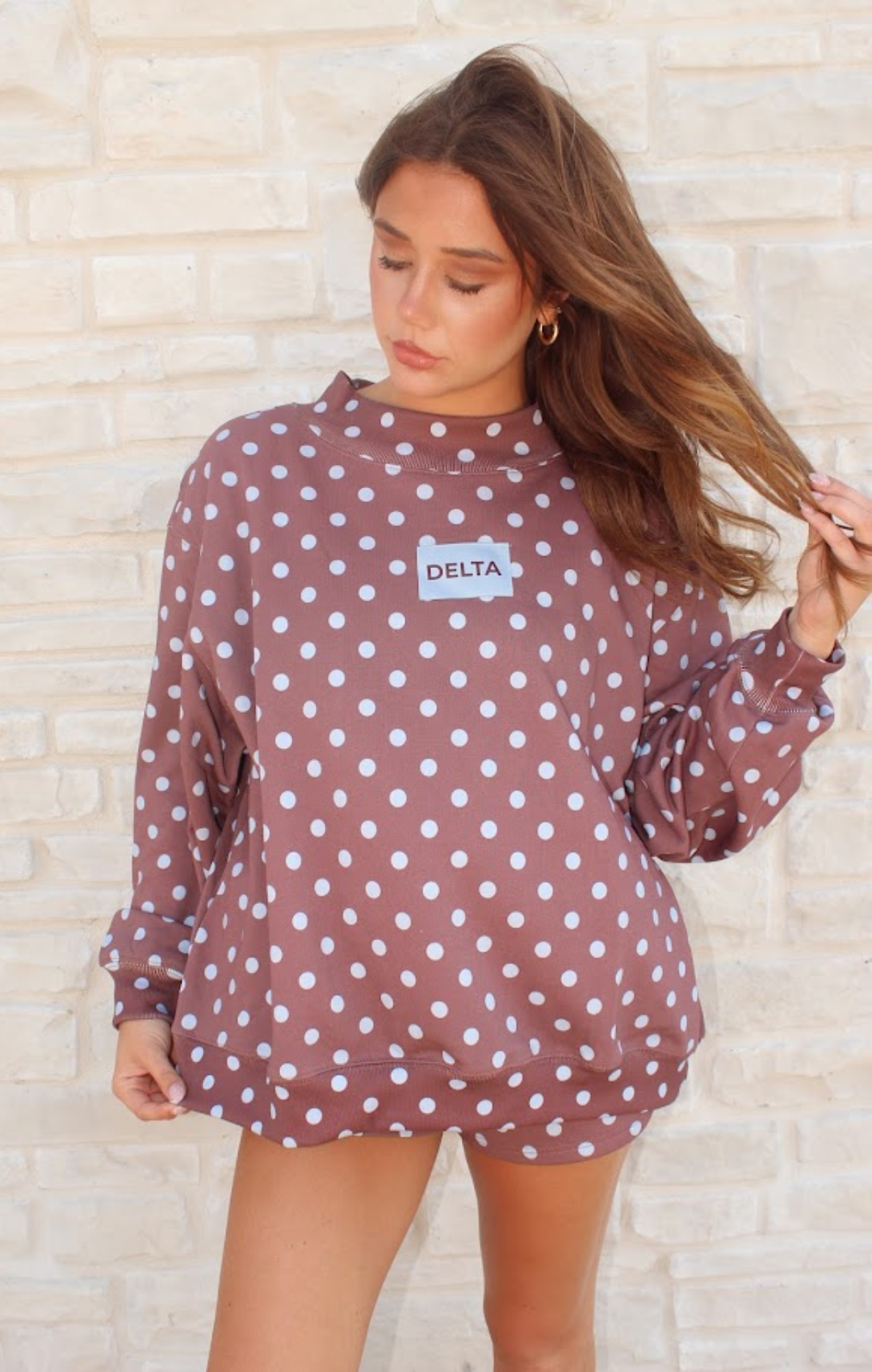 Brown &amp; Blue Dot Delta T Mockneck Set: S/M
