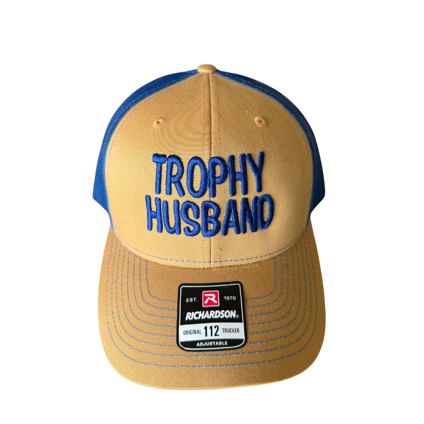Trophy Husband Embroidered Hat for Husbands, great wedding, engagement gift: Tan and Blue (No Rope)