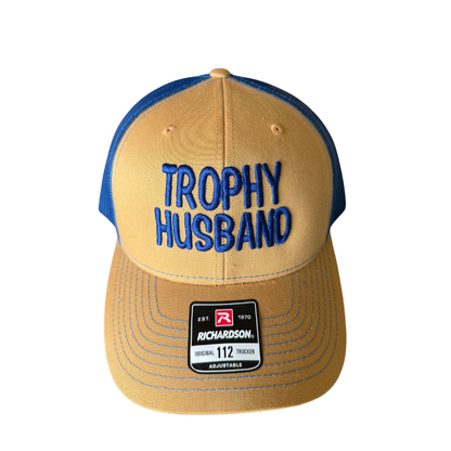 Trophy Husband Embroidered Hat for Husbands, great wedding, engagement gift: Tan and Blue (No Rope)