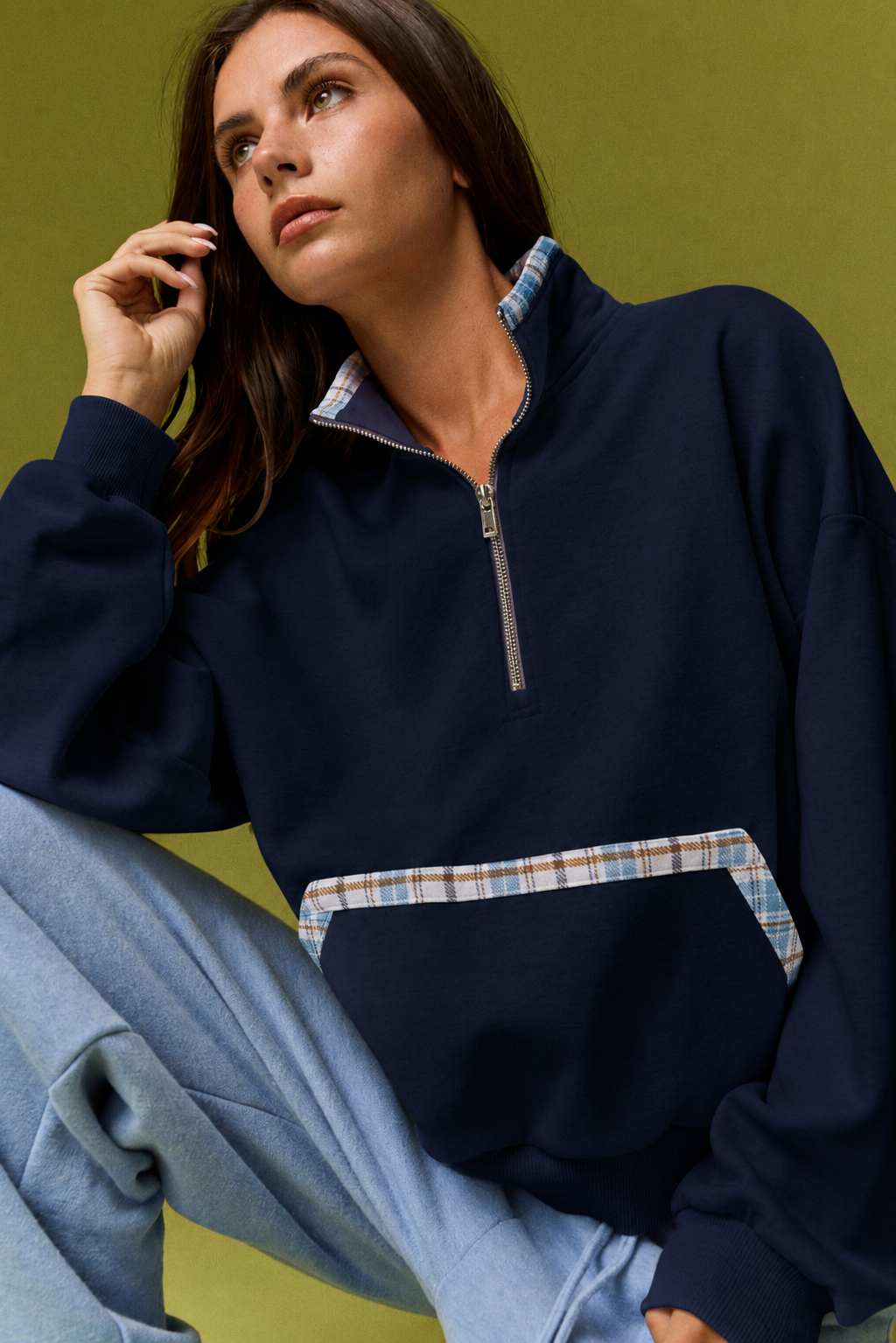 PT20138 Caroline Plaid Trim Quarter Zip Pullover: NAVY / S-M-L (2-2-2)