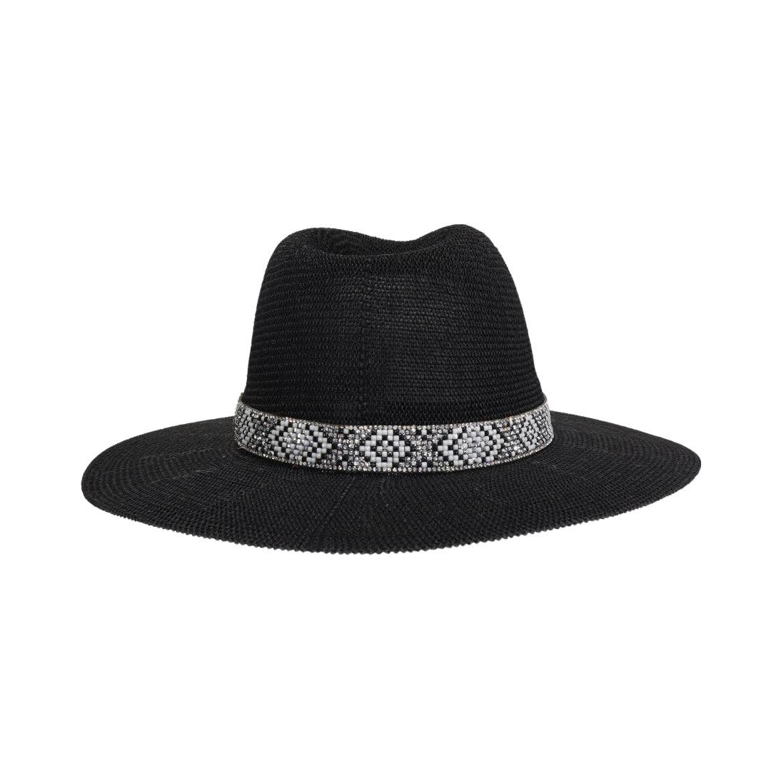Knit Seed Bead/Rhinestone Band Panama Hat KPC0001: White