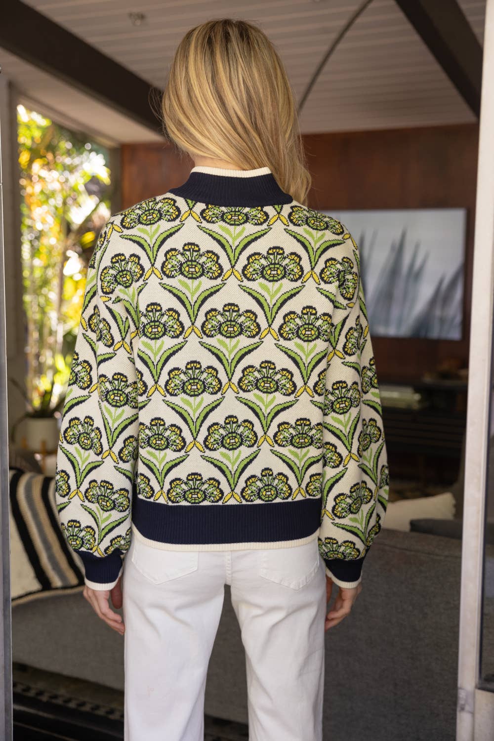 Green Floral Zip Up Sweater: Green