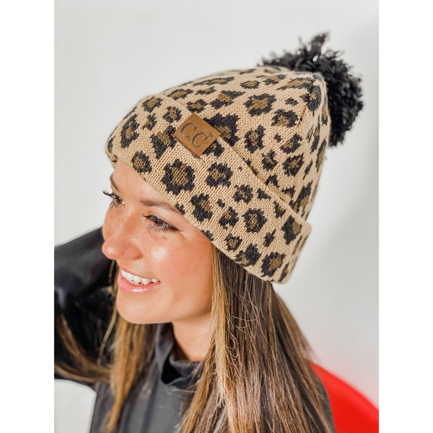 Matching Cuff Leopard Print CC Beanie HAT80: Black