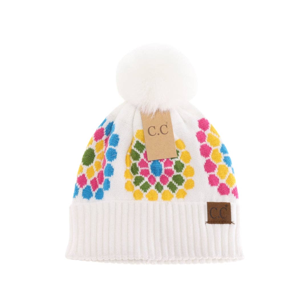 Flower Pattern Pom C.C Beanie HAT7396: Black