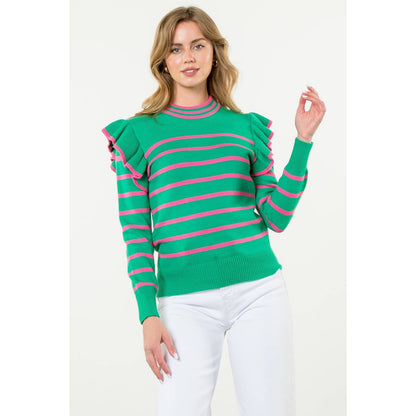 Flutter Detail Striped Sweater: GREEN / M