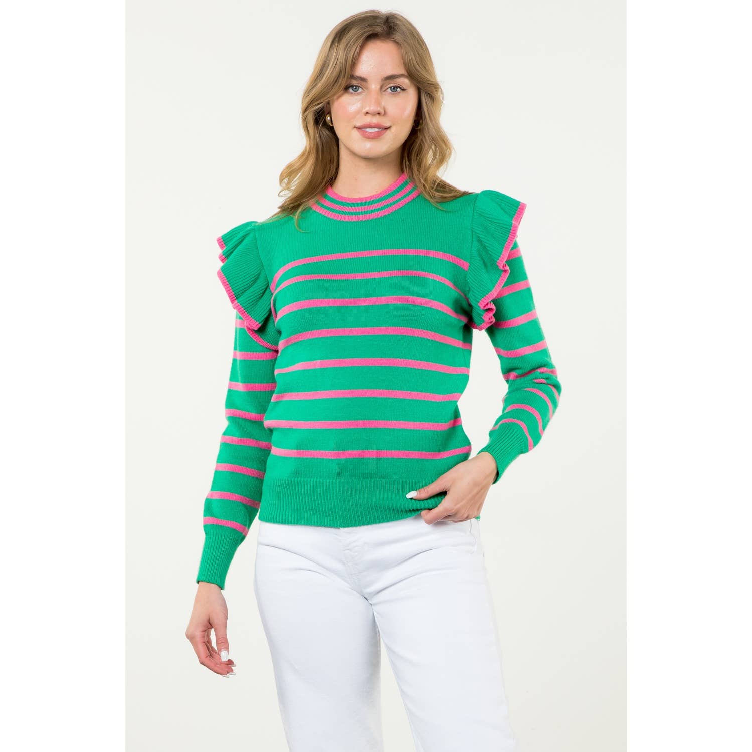 Flutter Detail Striped Sweater: GREEN / M
