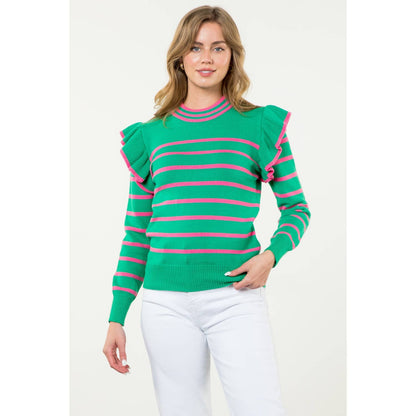 Flutter Detail Striped Sweater: GREEN / M
