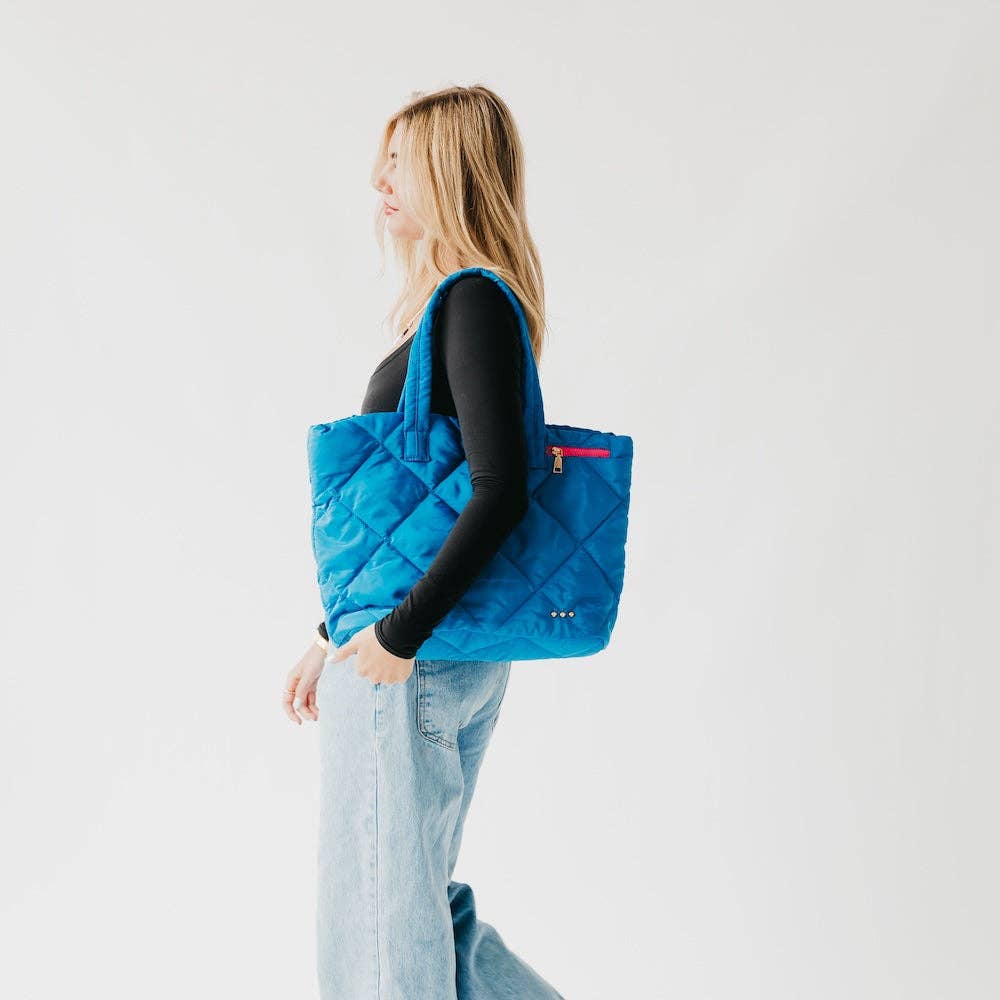 Presley Puffer Quilted Tote Bag With Pouch: Blue