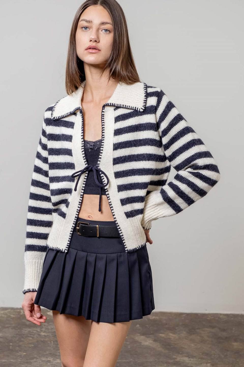 Moon River: Sailor Collar Tie Front Knit Cardigan