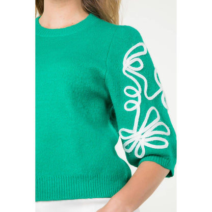 Short Sleeve Embroidered Detail Knit Top: GREEN