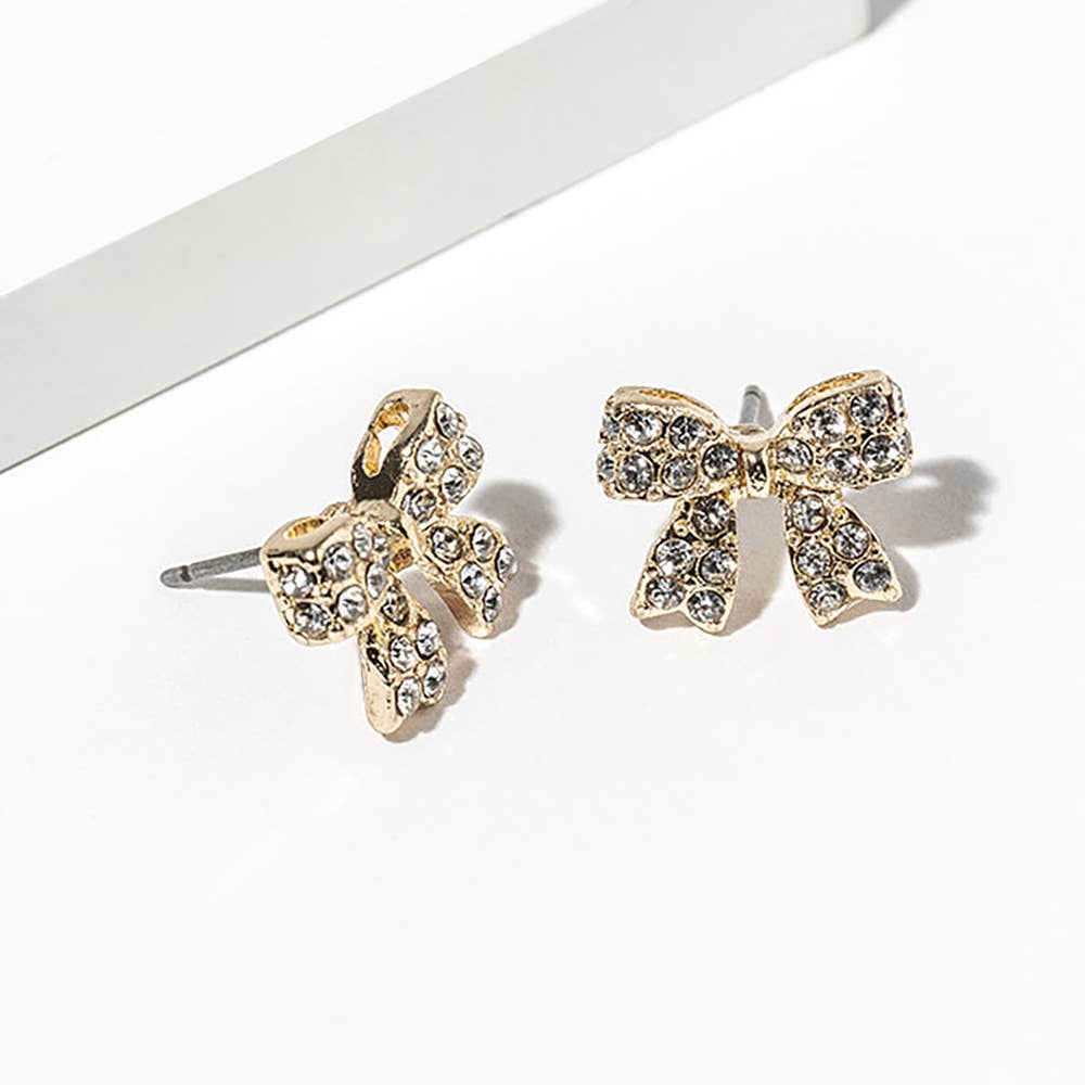 Crystal Rhinestone Bow Stud Earrings: Clear,Rhodium