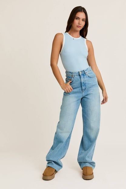 ROUND NECK SLEEVELESS RIBBED COLOR BLOCK BODYSUIT: DK GREEN-NAVY / S