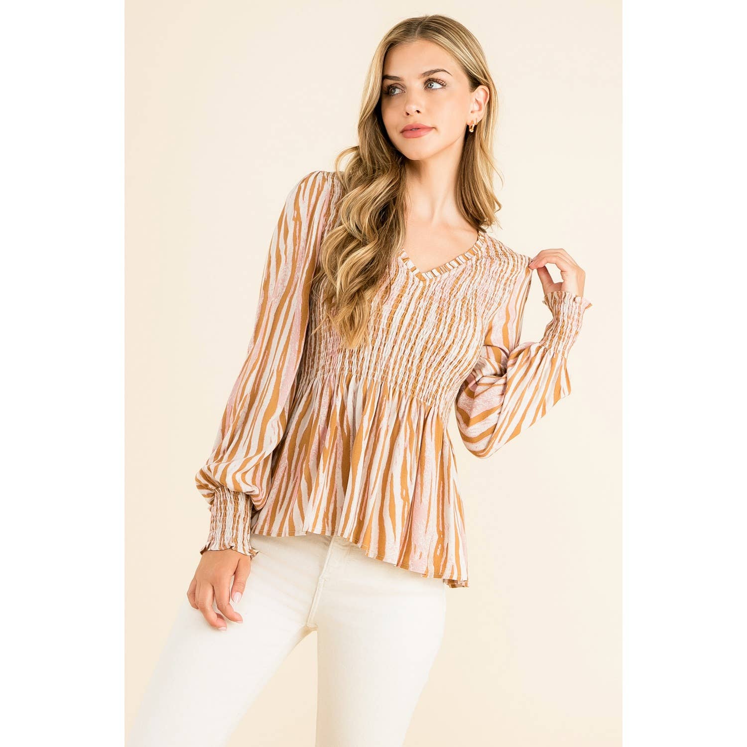 Smocked Zebra Print Top: GRAY / L