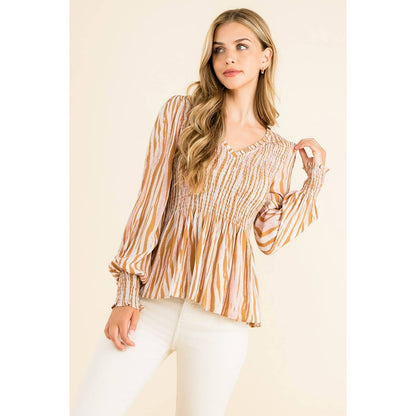 Smocked Zebra Print Top: GRAY / L