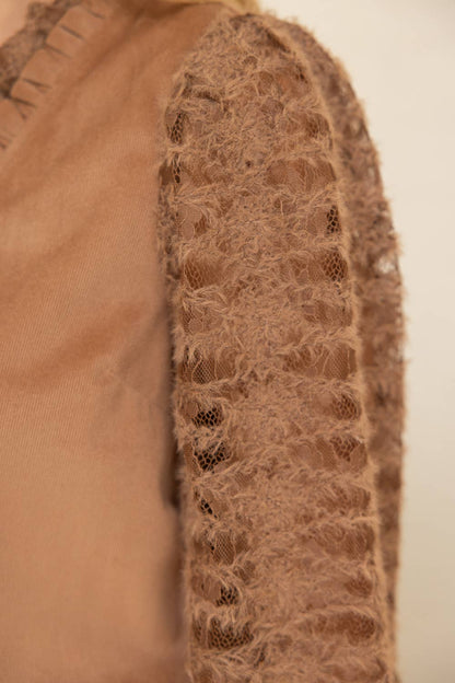 Voy Lace Long Sleeve Ruffle Detailed Corduroy Top: Brown