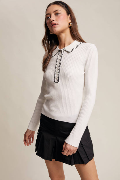 Contrast Stitch Ribbed Knit Top LSW0998: Black / M