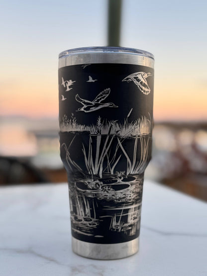 Duck Hunters paradise tumbler | Laser Engraved Wildlife Design | Hot &amp; Cold Drink Insulation | Durable Hunting Gift for Duck Hunters: Black 40 oz tumbler