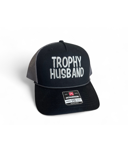 Trophy Husband Embroidered Hat for Husbands, great wedding, engagement gift: Black/Silver with Rope