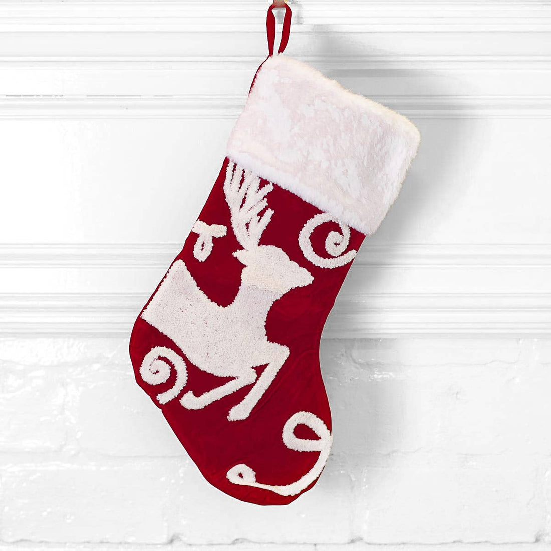 Reindeer Embroidered Stocking   Dark Red/White   8.5x19