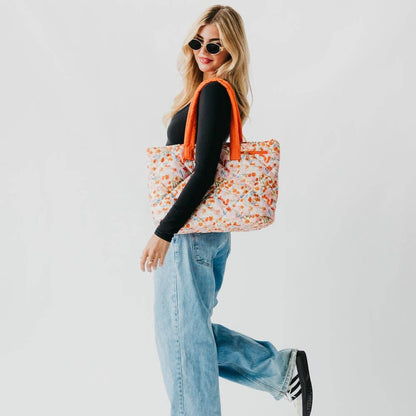 Presley Puffer Quilted Tote Bag With Pouch: Blue