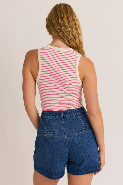 ROUND NECK SLEEVELESS STRIPE BODYSUIT: OLIVE-NAVY STRIPE / M