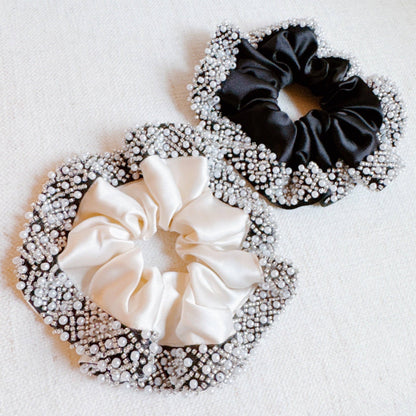 Pearls And Beads Satin Hair Scrunch: Black