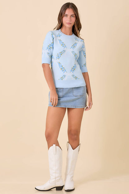Floral Ribbon Print Sweater Knit Top: BLUE / M