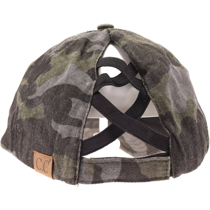 Washed Denim Criss-Cross High Ponytail CC Ball Cap BT799C: Grey Camo