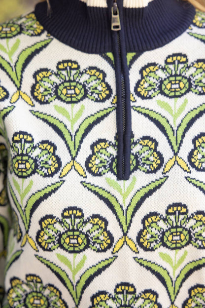 Green Floral Zip Up Sweater: Green