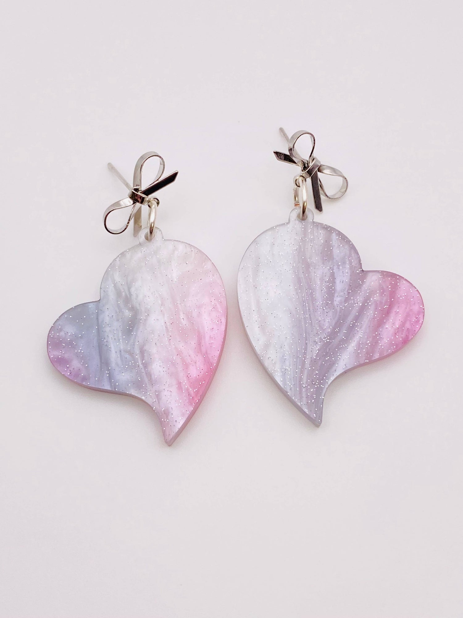 VALENTINE PINK SHIMMER WITH SILVER BOW HEART EARRINGS