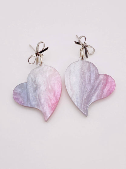 VALENTINE PINK SHIMMER WITH SILVER BOW HEART EARRINGS