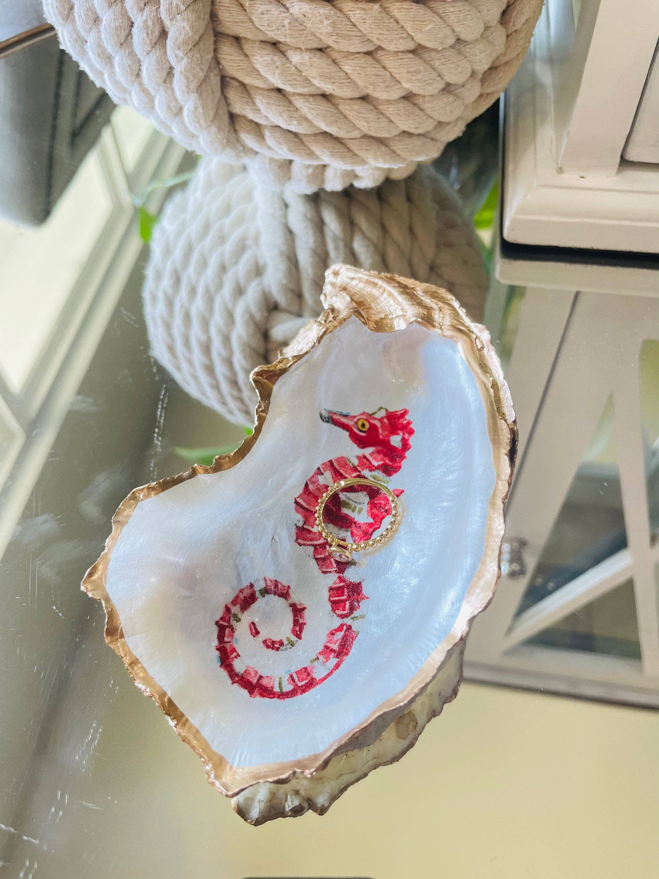 Oyster Shell trinket Dish, Seahorse Oyster Trinket Dish: Red