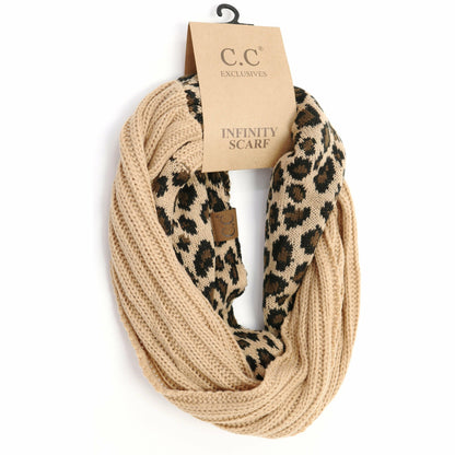 Ribbed Knit Leopard Accent CC Infinity Scarf SF80: Black