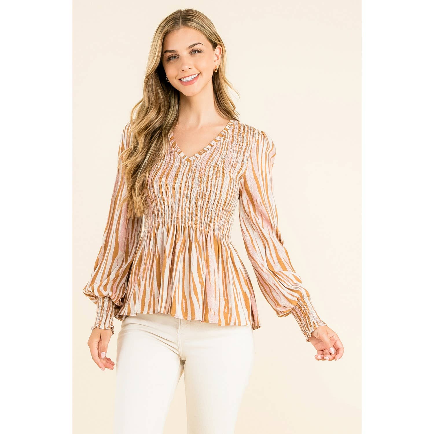 Smocked Zebra Print Top: GRAY / S