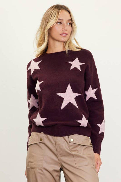 Long Sleeve Lurex Star Pattern Sweater
: Burgundy