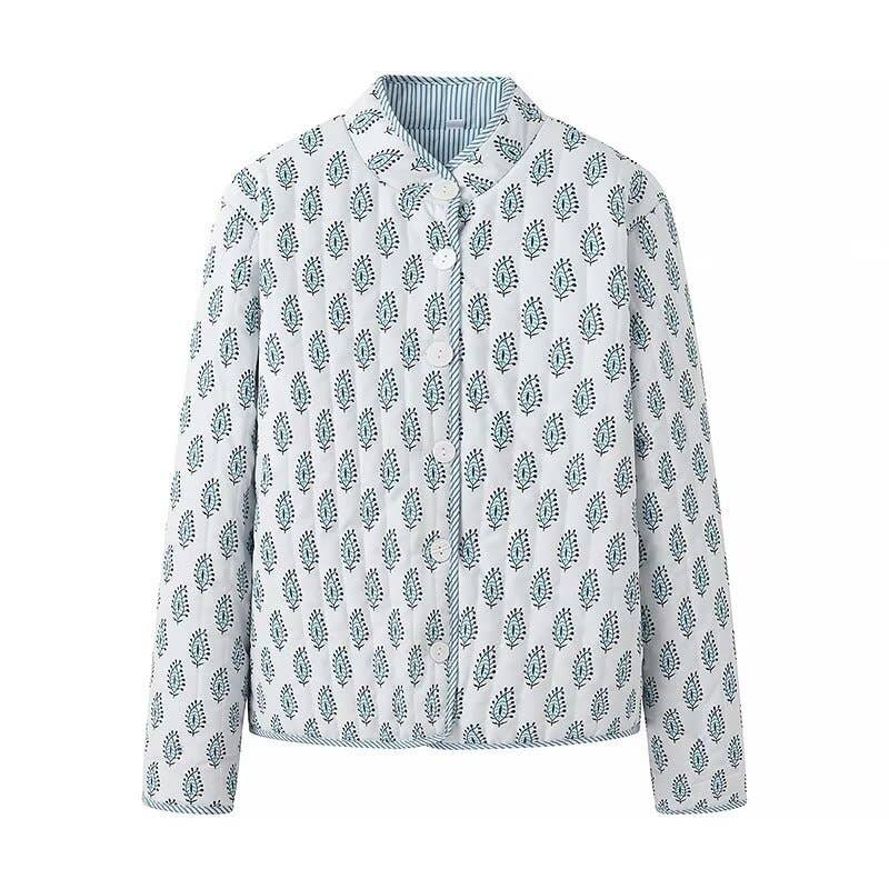 Stylish Reversible Flowers Quilted Jacket: Blue