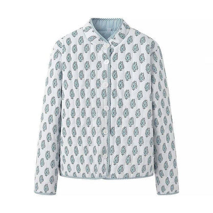 Stylish Reversible Flowers Quilted Jacket: Blue