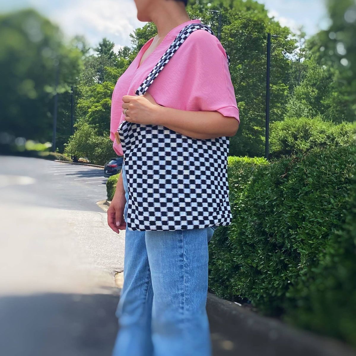 Check Yourself Zipped Tote Bag: Pink